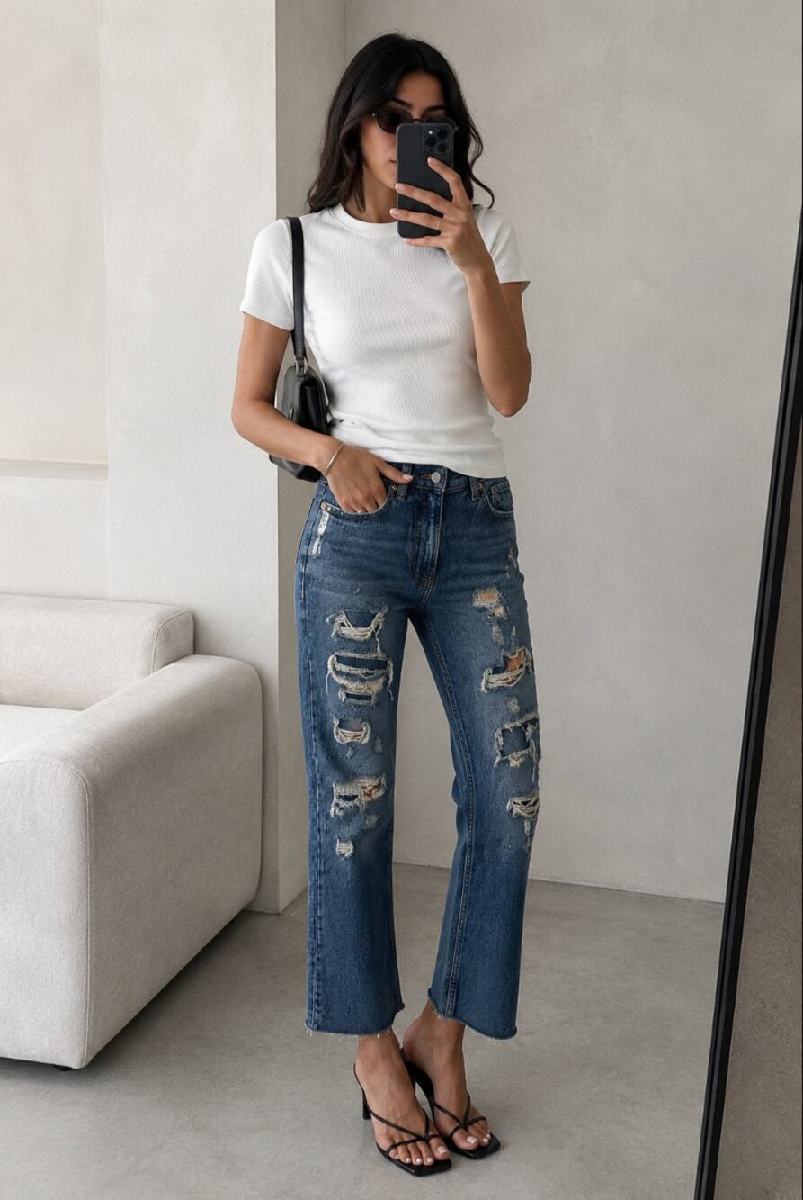 NWT Zara High Waisted Kick Crop Faux Distressed Jeans Casual Dark Wash Denim